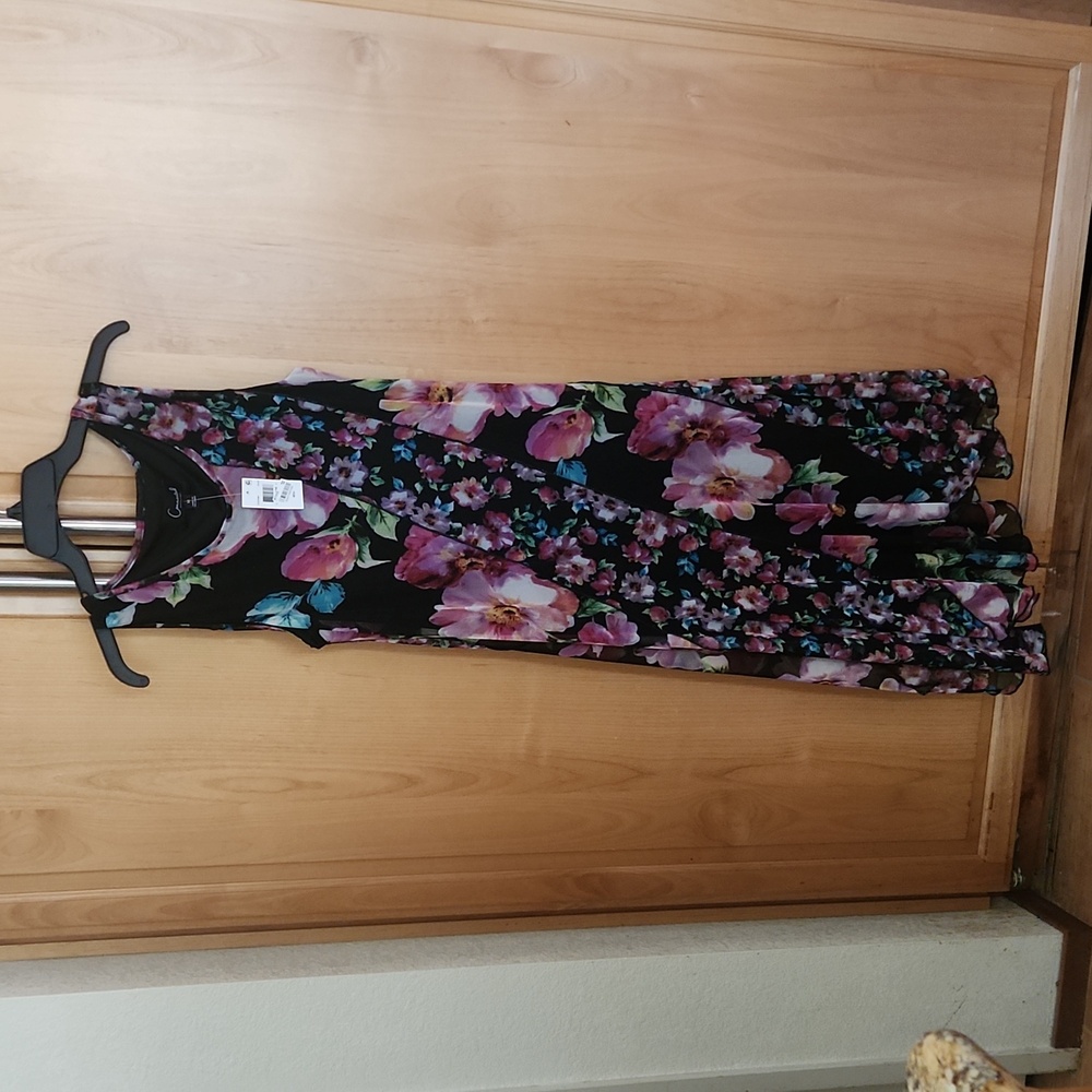 Connected Apparel black floral high low asymmetrical midi dress Size 14 NWT